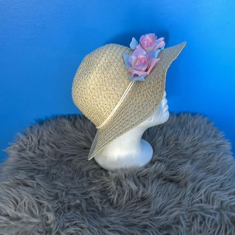 Elli by Capelli Straw Hat w/ Silver Thread & Pink Flowers | Girl's Summer Sun